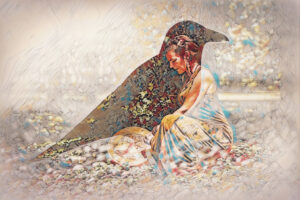 Watercolor stained glass effect of woman playing on shamanic frame drum with overlay of a raven.