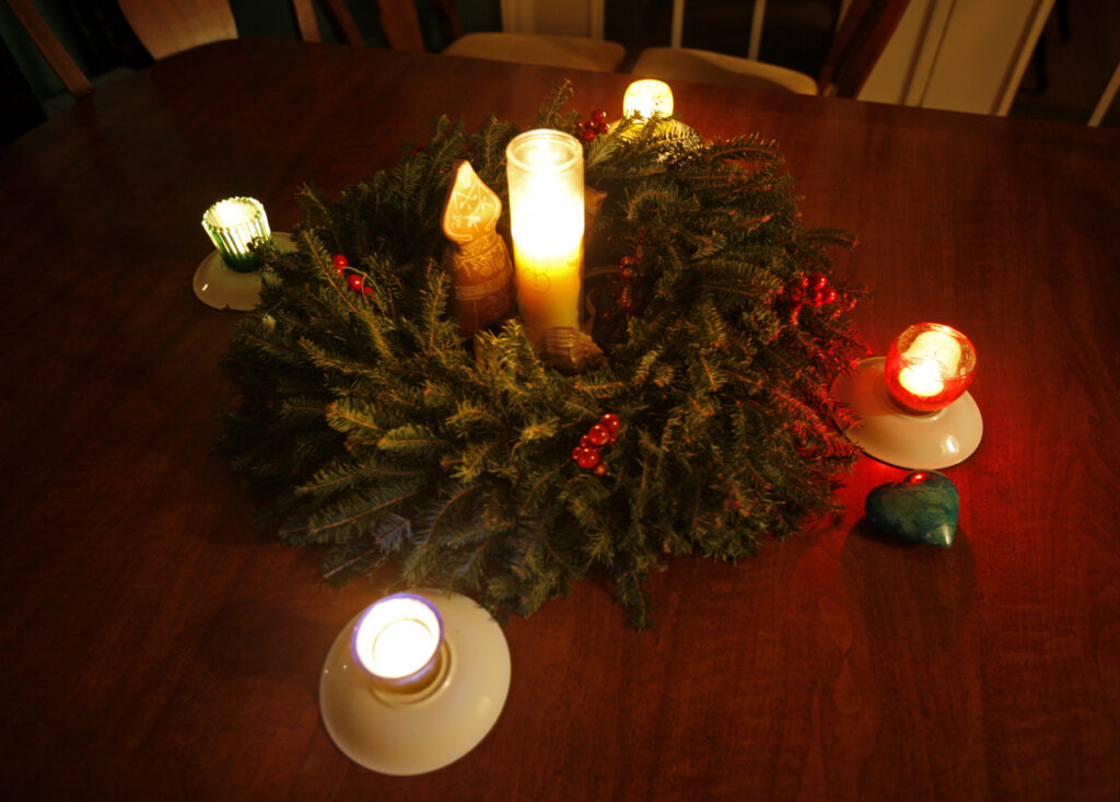 All five Solstice advent candles lit at my home, Laurel Hill