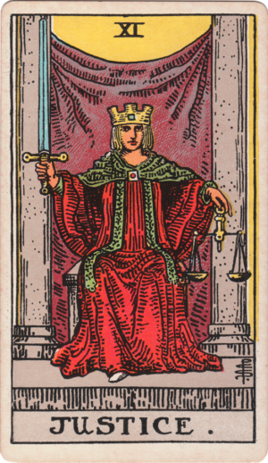 Waite-Smith Justice Tarot card with crowned Goddess Justicia on throne holding sword and scales
