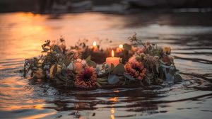 Burning candles in the water and flower crown.