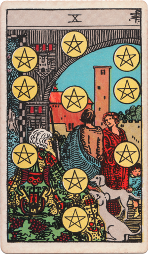 Waite-Smith Tarot Ten of Pentacles with three generations in town arch gateway, featuring a dog, old man, child, and couple