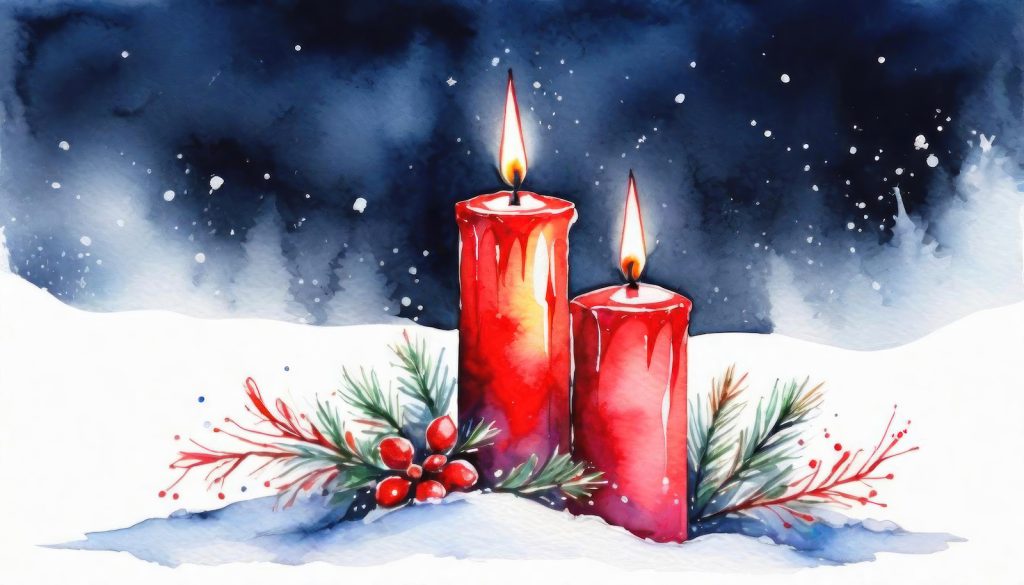 watercolor of two red candles in a snowy scene