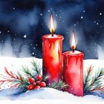 watercolor of two red candles in a snowy scene