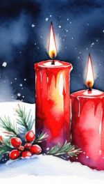 watercolor of two red candles in a snowy scene