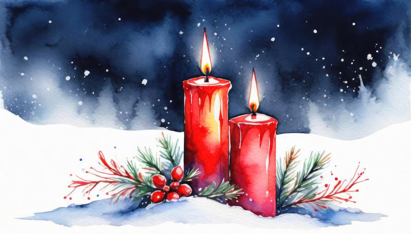 watercolor of two red candles in a snowy scene