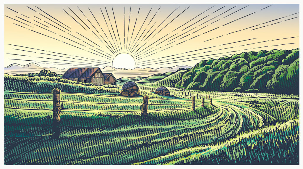 colored engraving style image of sun on horizon of harvest field