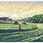 colored engraving style image of sun on horizon of harvest field