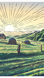 colored engraving style image of sun on horizon of harvest field