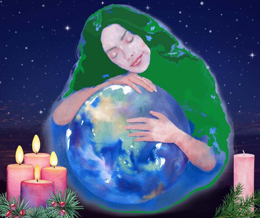 Watercolor of Gaia and four candles