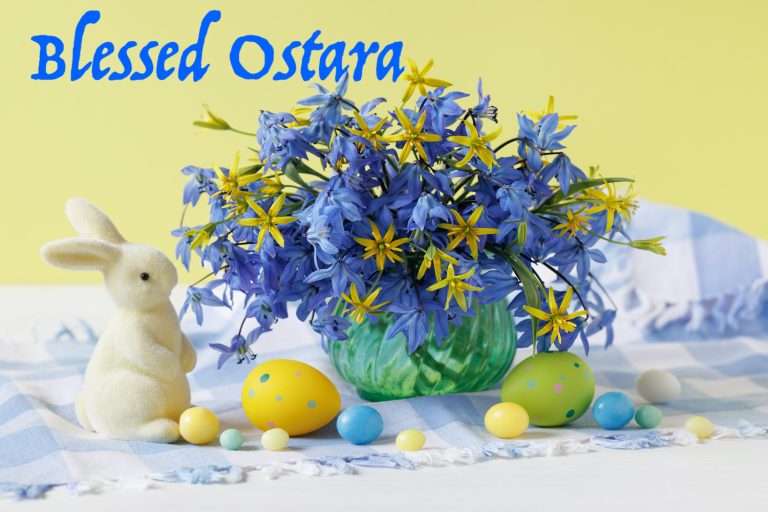 Spring flowers, eggs, and bunny for Ostara