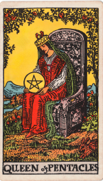 Queen of Pentacles from the Waite-Smith Tarot deck