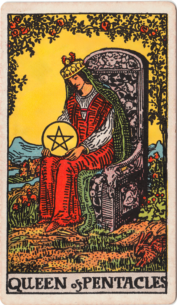 Queen of Pentacles from the Waite-Smith Tarot deck
