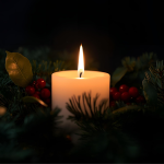 single candle lit amongst evergreens