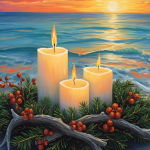 Three candles shining on wreath by the sea