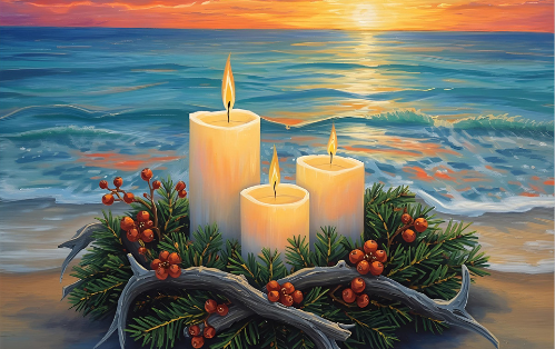 Three candles shining on wreath by the sea