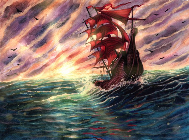watercolor sailing ship on rough waters with sun breaking through