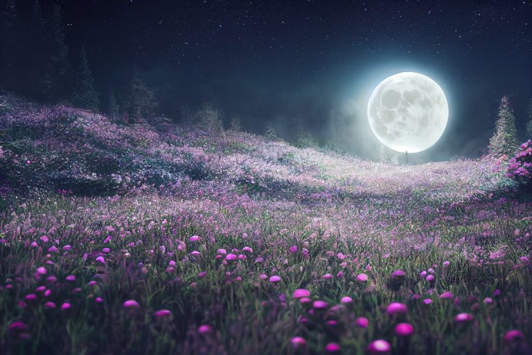 a meadow of flowers under the Full Moon