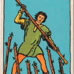 Waite-Smith Tarot Seven of Wands Young man in green tunic holding stave stands on edge of cliff prepared for battle