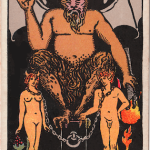 The Tarot Devil from the Waite-Smith deck with winged creature and imprisoned nude man and woman