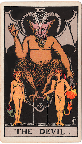 The Tarot Devil from the Waite-Smith deck with winged creature and imprisoned nude man and woman