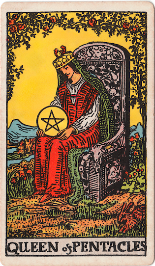Queen of Pentacles from the Waite-Smith Tarot deck